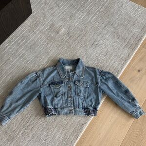 ba&sh Light Blue Cropped Denim Jacket with Puff Sleeves